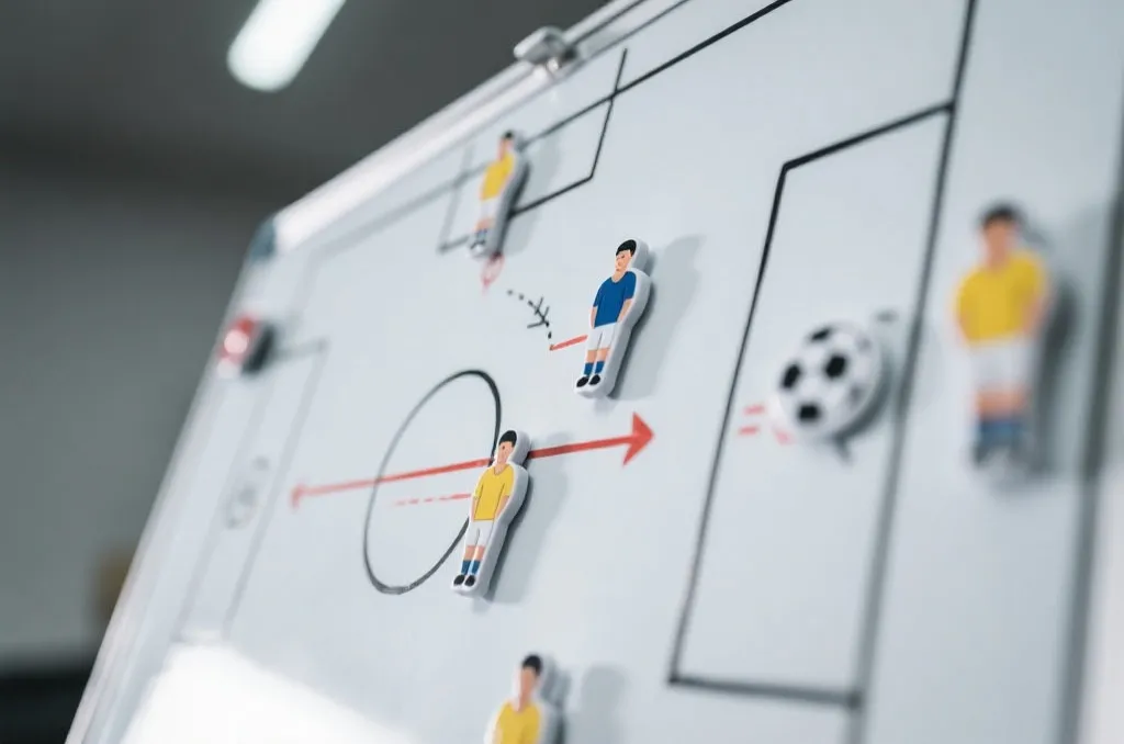 A tactical board with magnetic soccer player markers and drawn play strategies